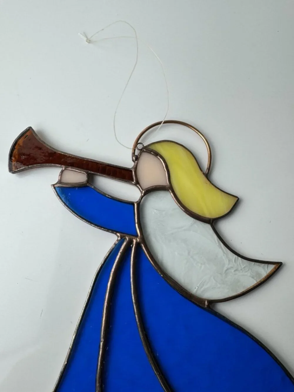 VTG Stained Glass Sun Catcher Angel w/Horn Ornament Handcrafted Christmas 9.5”